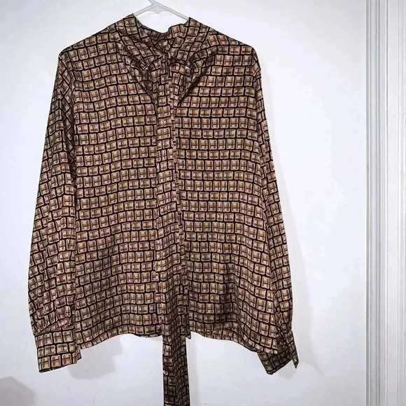 Worthington Women's Long Sleeve Blouse, size XL Split Tie Neck Geometric blouse - Picture 1 of 9